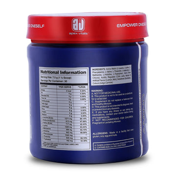 Apex Vitals Amino 9. All 9 essential amino acid.| Pre/Intra Workout Supplement. 4.9g EAA+2.6g BCAA. Natural & Fermented Plant Derived.  225g - 30 servings